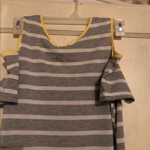 Long off shoulder sundress gray and white striped with yellow at neck line